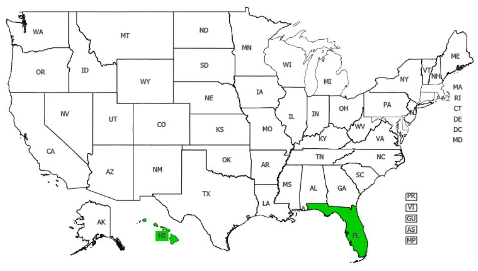 Rosary pea distribution - United States